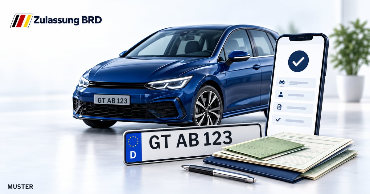 Online Fahrzeugzulassung in Halle (Westf.): Musterkennzeichen GT AB 123, Auto und Fahrzeugpapiere und Smartphone. Illustration mit Logo von Zulassung BRD.